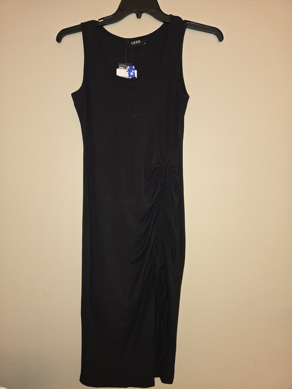 Cider Black Sleeveless Ruched-Side Tank Midi Dress with Button Placket